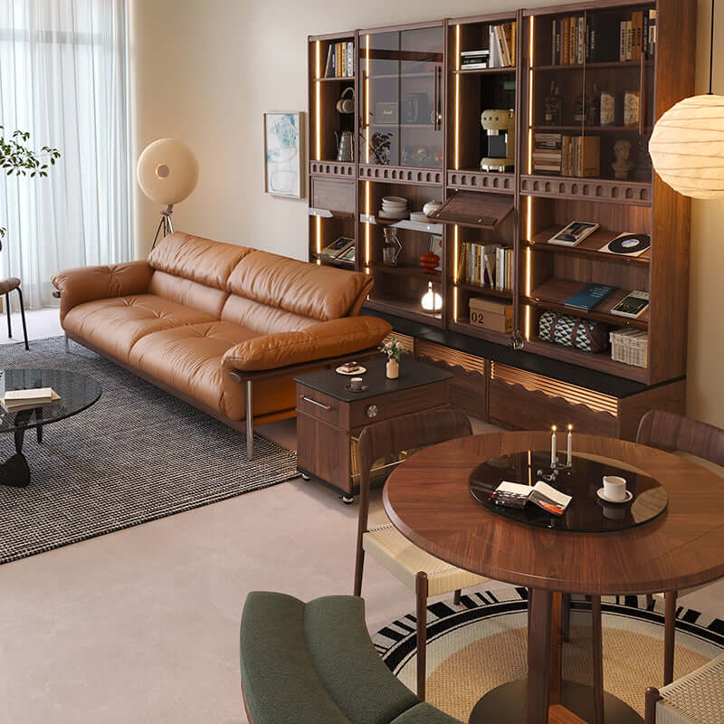 Hompkin Modern Three-Seater Sofa in Top-Grain Leather and Walnut