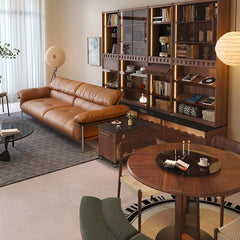 Hompkin Modern Three-Seater Sofa in Top-Grain Leather and Walnut