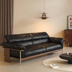 Hompkin Modern Three-Seater Sofa in Top-Grain Leather and Walnut