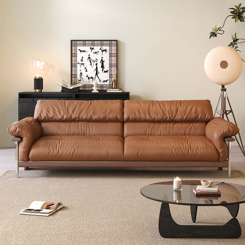 Hompkin Modern Three-Seater Sofa in Top-Grain Leather and Walnut