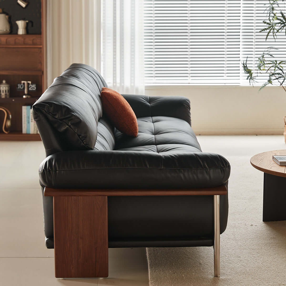 Hompkin Modern Three-Seater Sofa in Top-Grain Leather and Walnut
