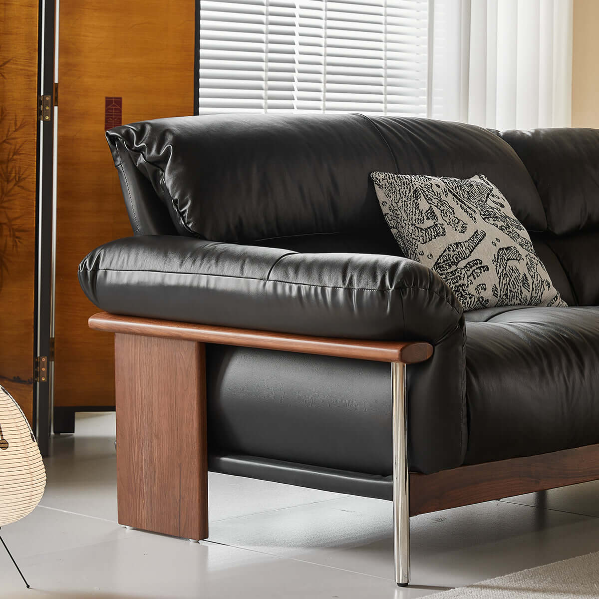 Hompkin Modern Three-Seater Sofa in Top-Grain Leather and Walnut