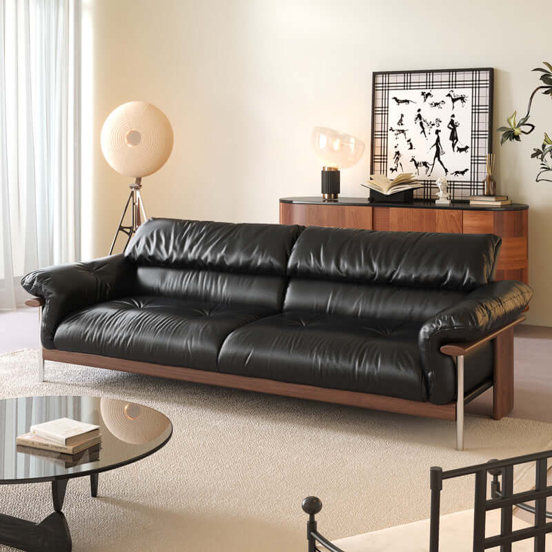 Hompkin Modern Three-Seater Sofa in Top-Grain Leather and Walnut Main Product Image