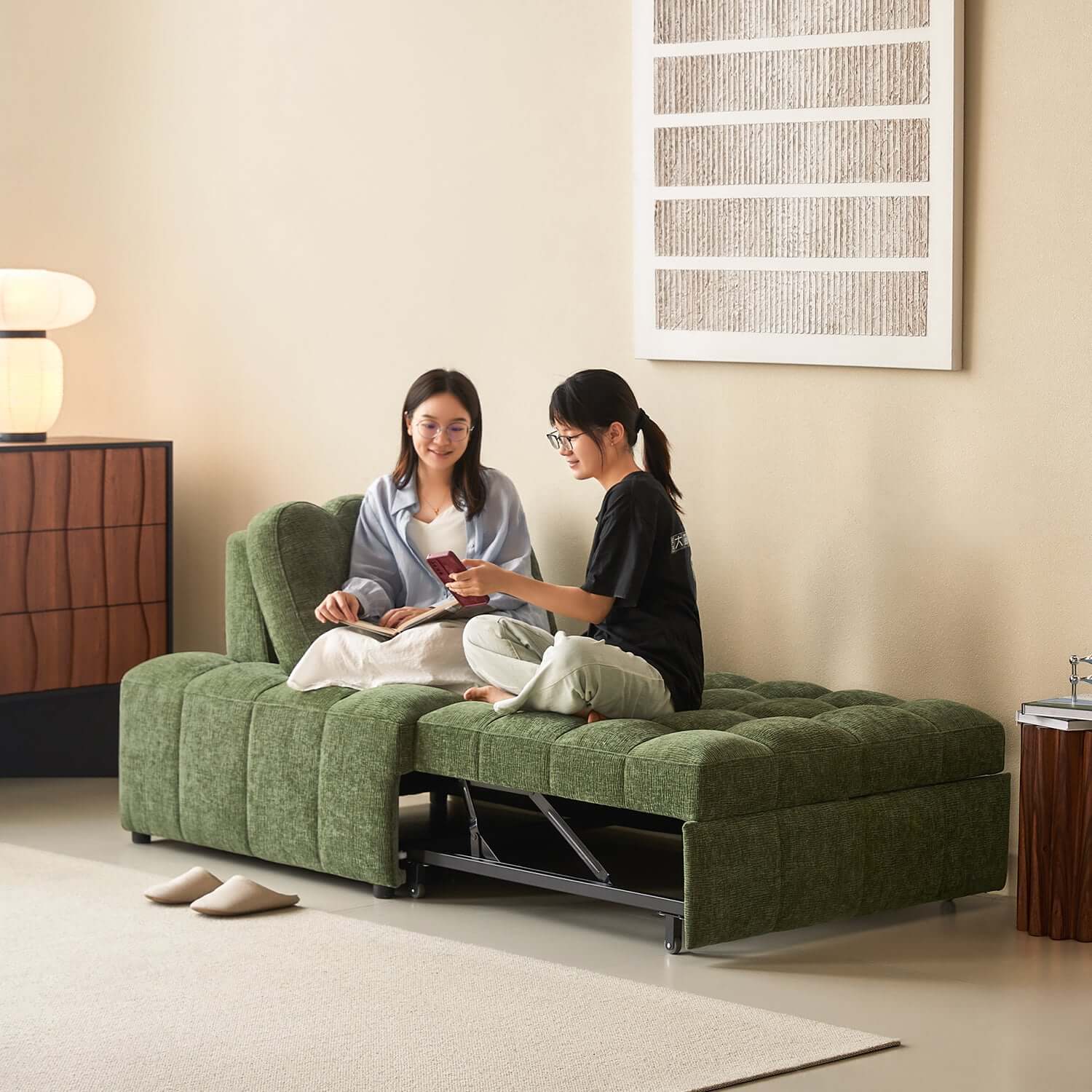 Hompkin Modern Tufted Chenille Pull-Out Single Sofa Bed