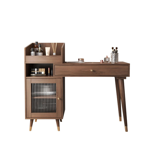 Hompkin Modern Wooden Vanity Table with Side Cabinets and Optional LED Mirror