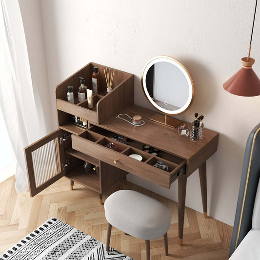 Hompkin Modern Wooden Vanity Table with Side Cabinets and Optional LED Mirror