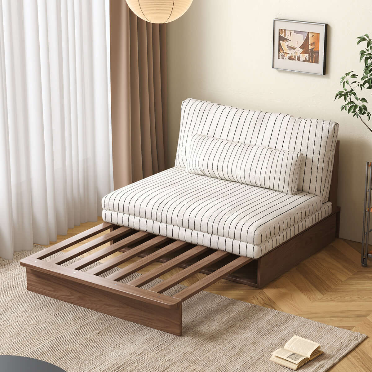 Hompkin Modular Sleeper Sofa Bed – Solid Wood Mid-Century Japandi Design
