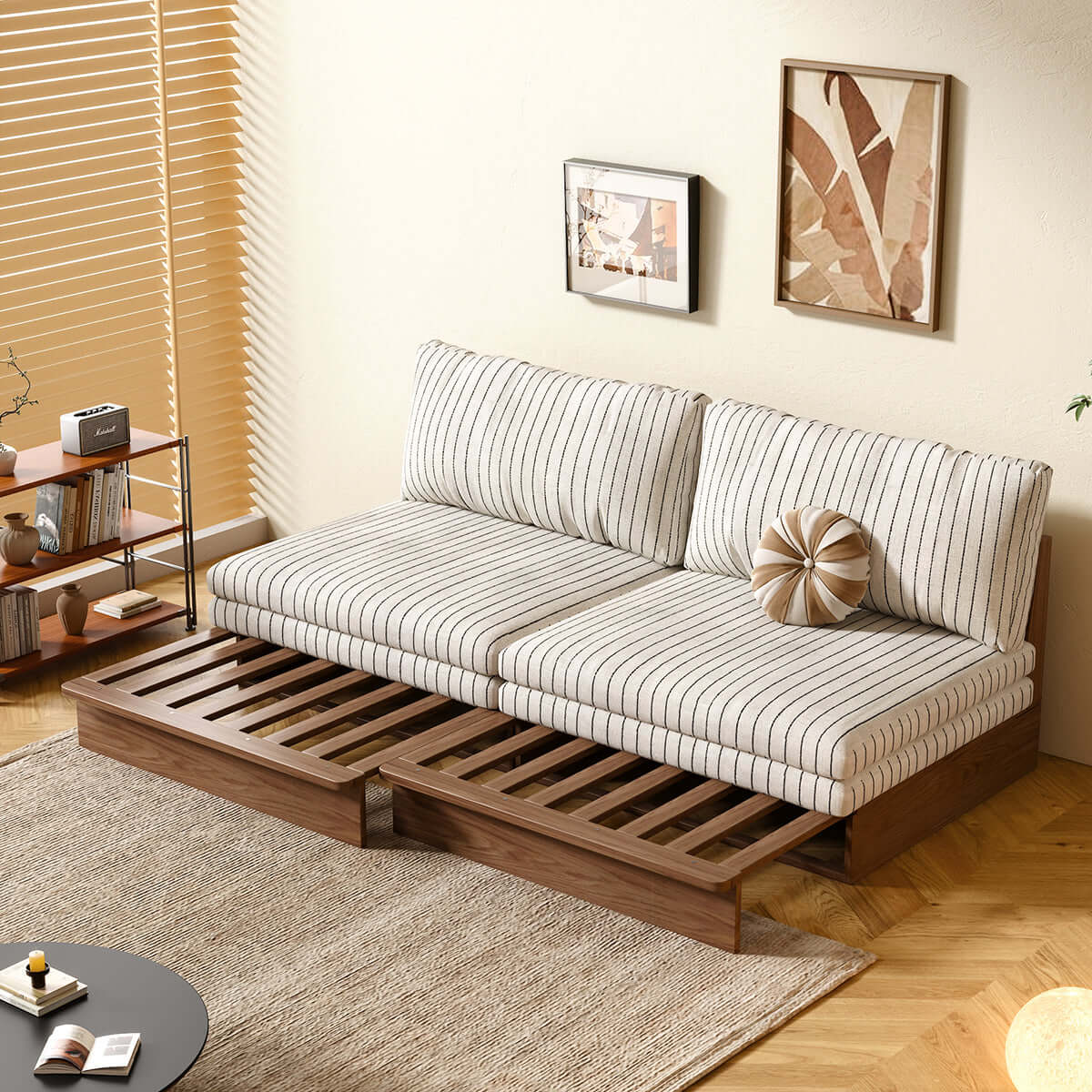 Hompkin Modular Sleeper Sofa Bed – Solid Wood Mid-Century Japandi Design