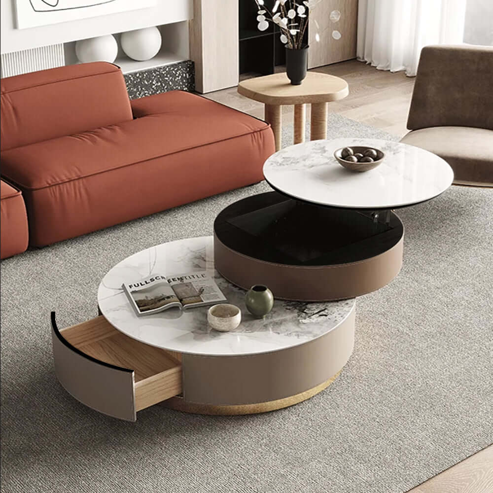 Hompkin Nested Round Coffee Table Set with Sintered Stone Tops and Rotating Small Table Main Product Image