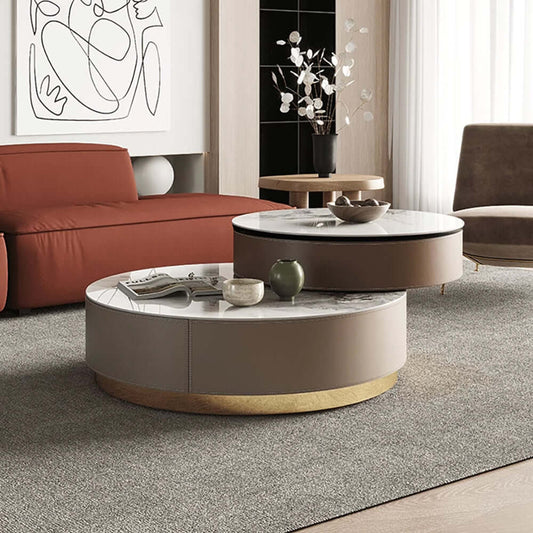 Hompkin Nested Round Coffee Table Set with Sintered Stone Tops and Rotating Small Table