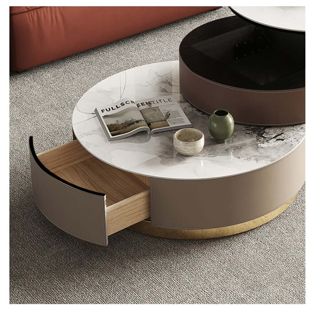 Hompkin Nested Round Coffee Table Set with Sintered Stone Tops and Rotating Small Table