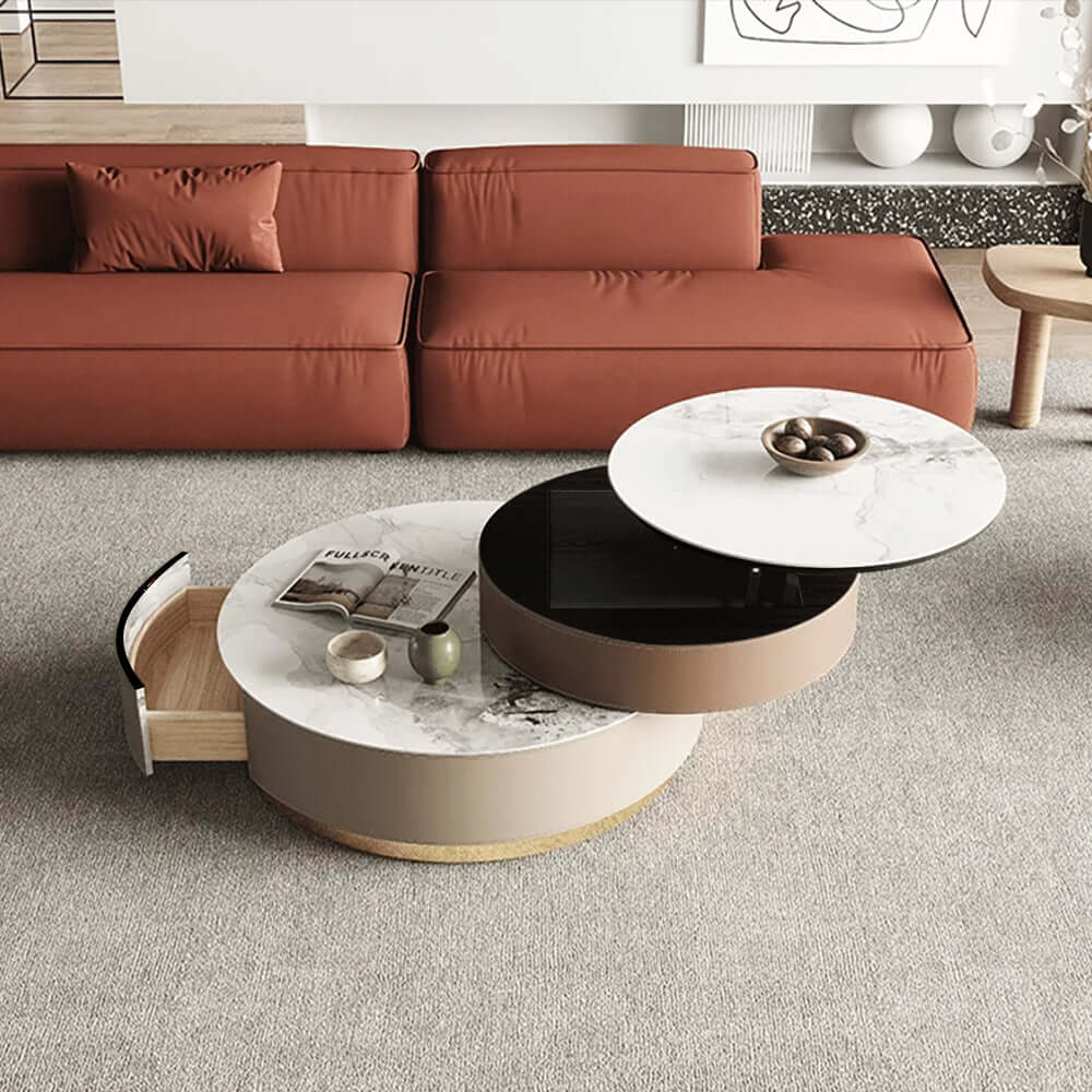 Hompkin Nested Round Coffee Table Set with Sintered Stone Tops and Rotating Small Table