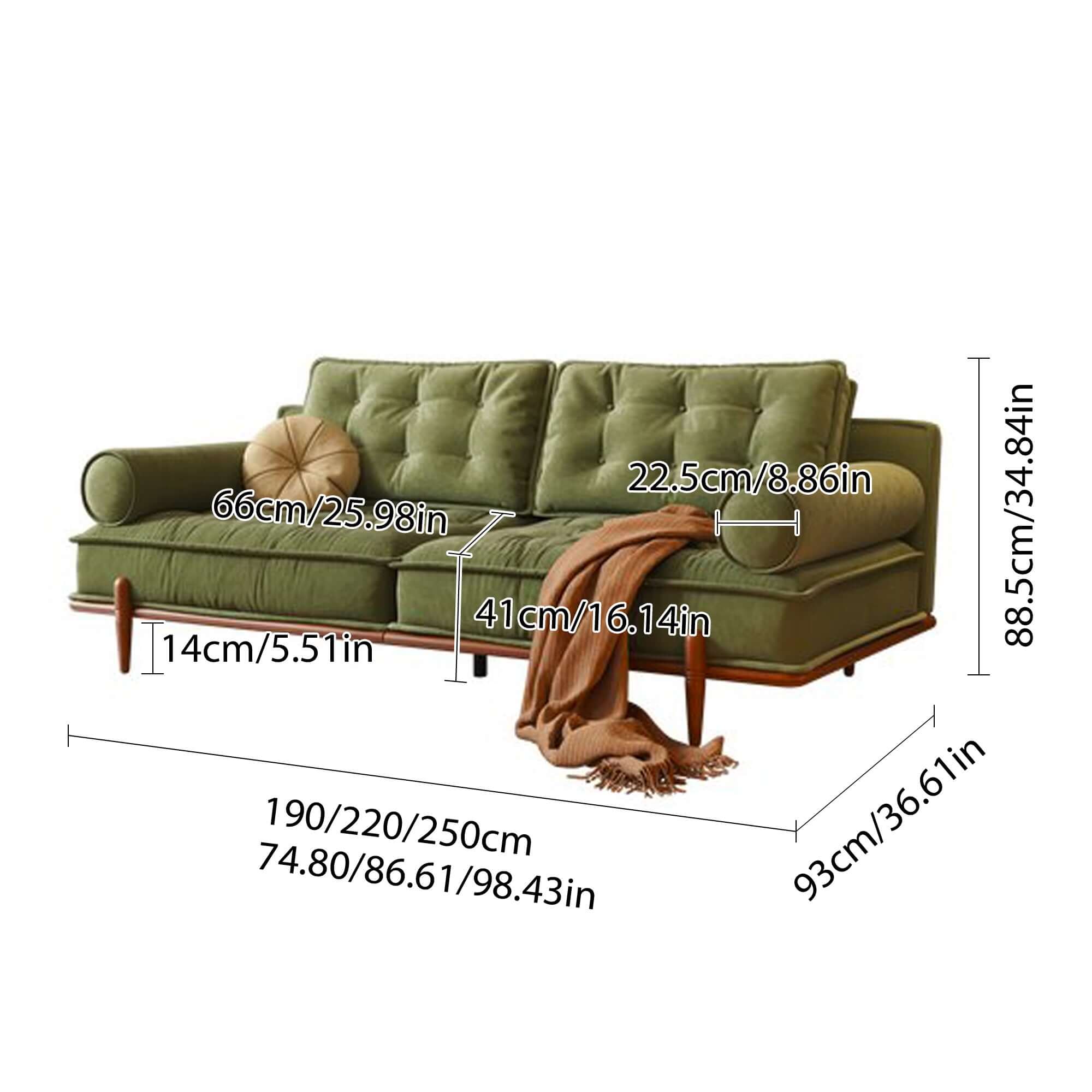 Hompkin Retro Velvet Sofa in Solid Ash Wood – Green or Beige
