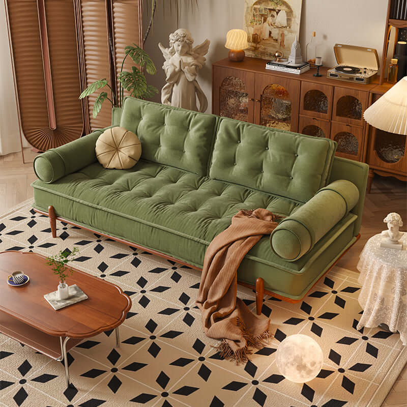 Hompkin Retro Velvet Sofa in Solid Ash Wood – Green or Beige