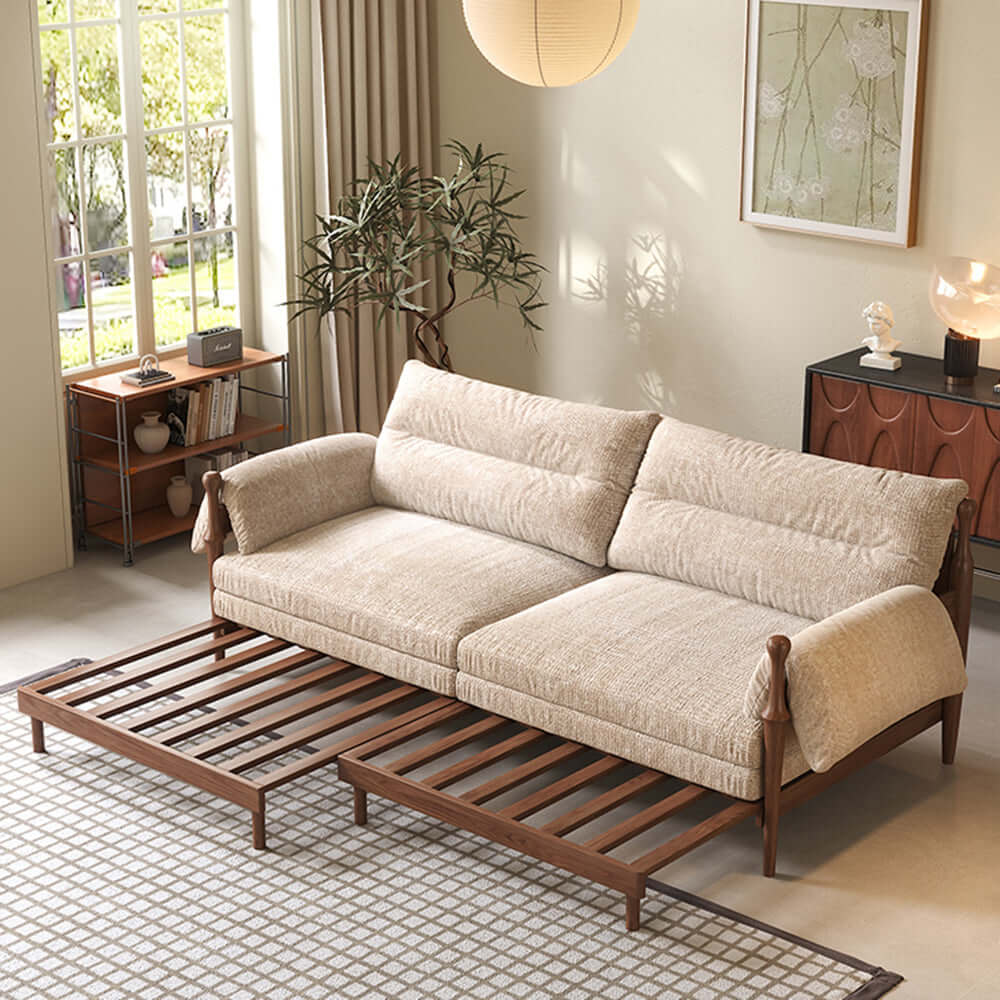 Hompkin Solid Wood Convertible Sofa Bed – Mid-Century Japandi Modular Sleeper