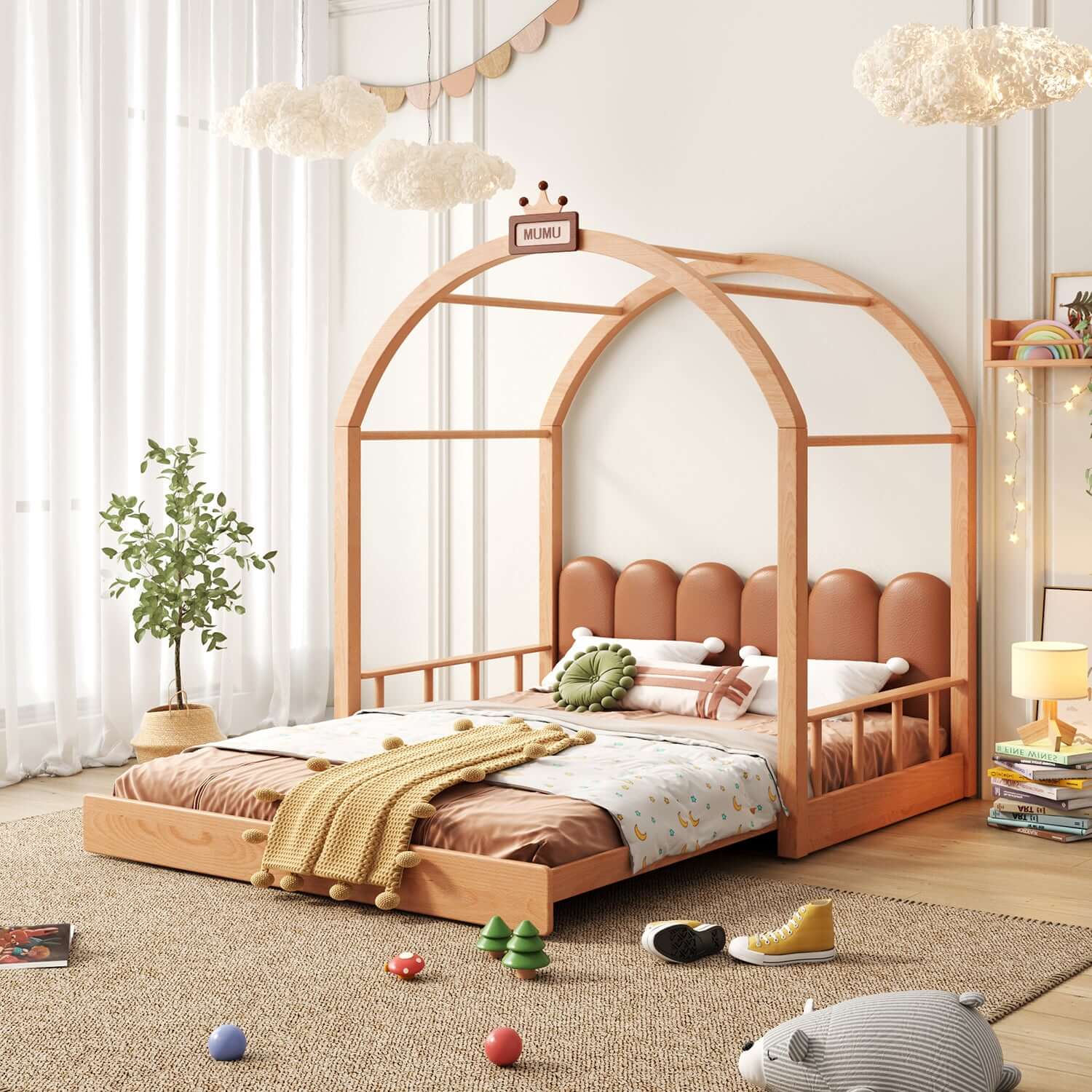 Hompkin Solid Wood Extendable Castle Bed with Canopy and Upholstered Headboard