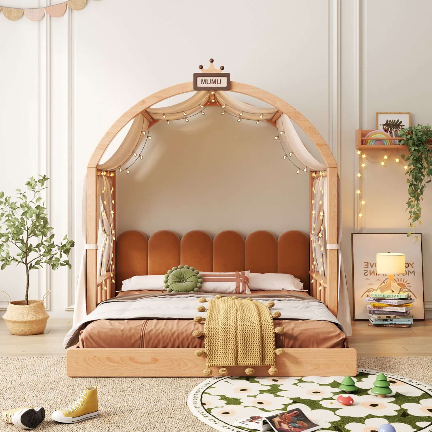 Hompkin Solid Wood Extendable Castle Bed with Canopy and Upholstered Headboard