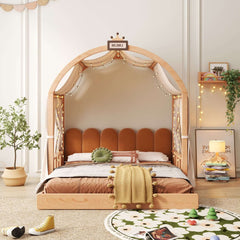 Hompkin Solid Wood Extendable Castle Bed with Canopy and Upholstered Headboard