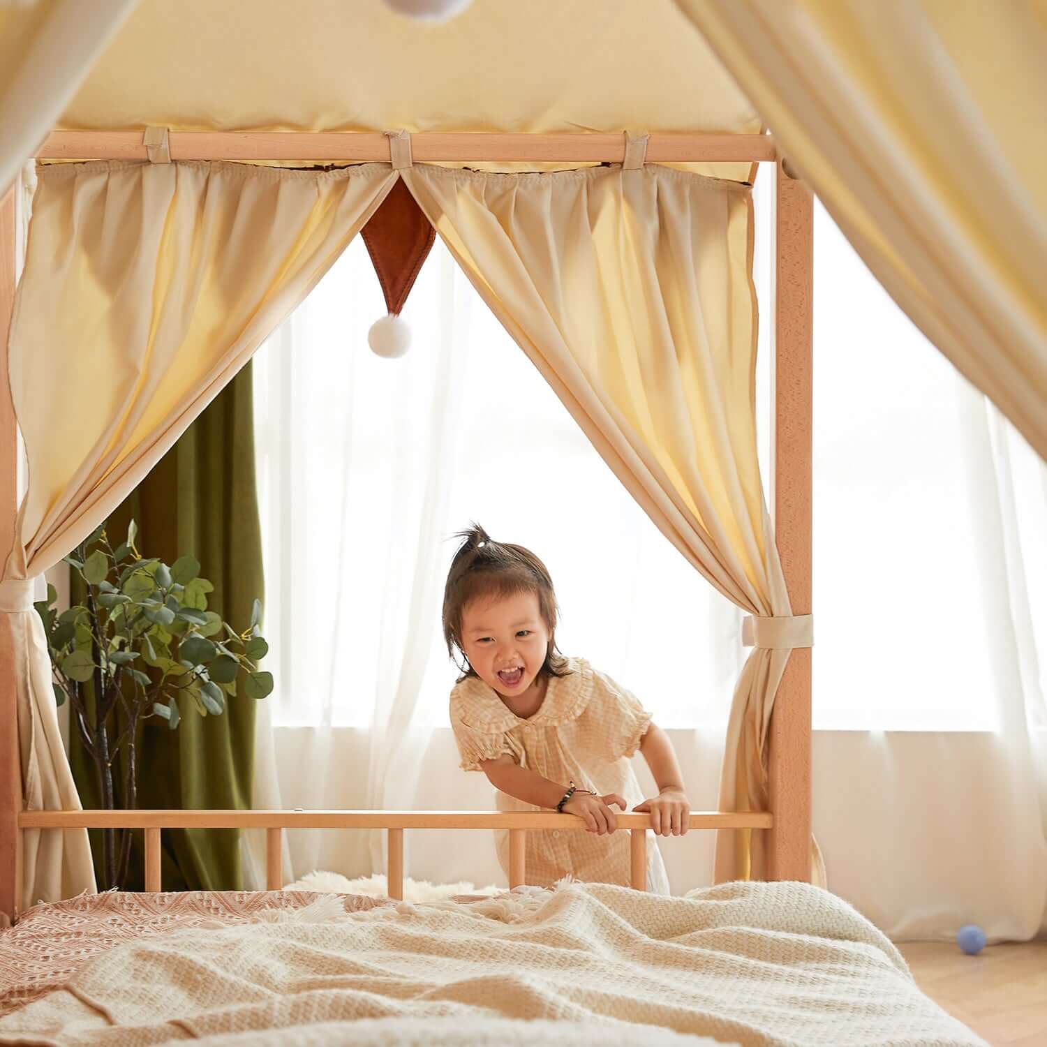 Hompkin Solid Wood Extendable Castle Bed with Canopy and Upholstered Headboard