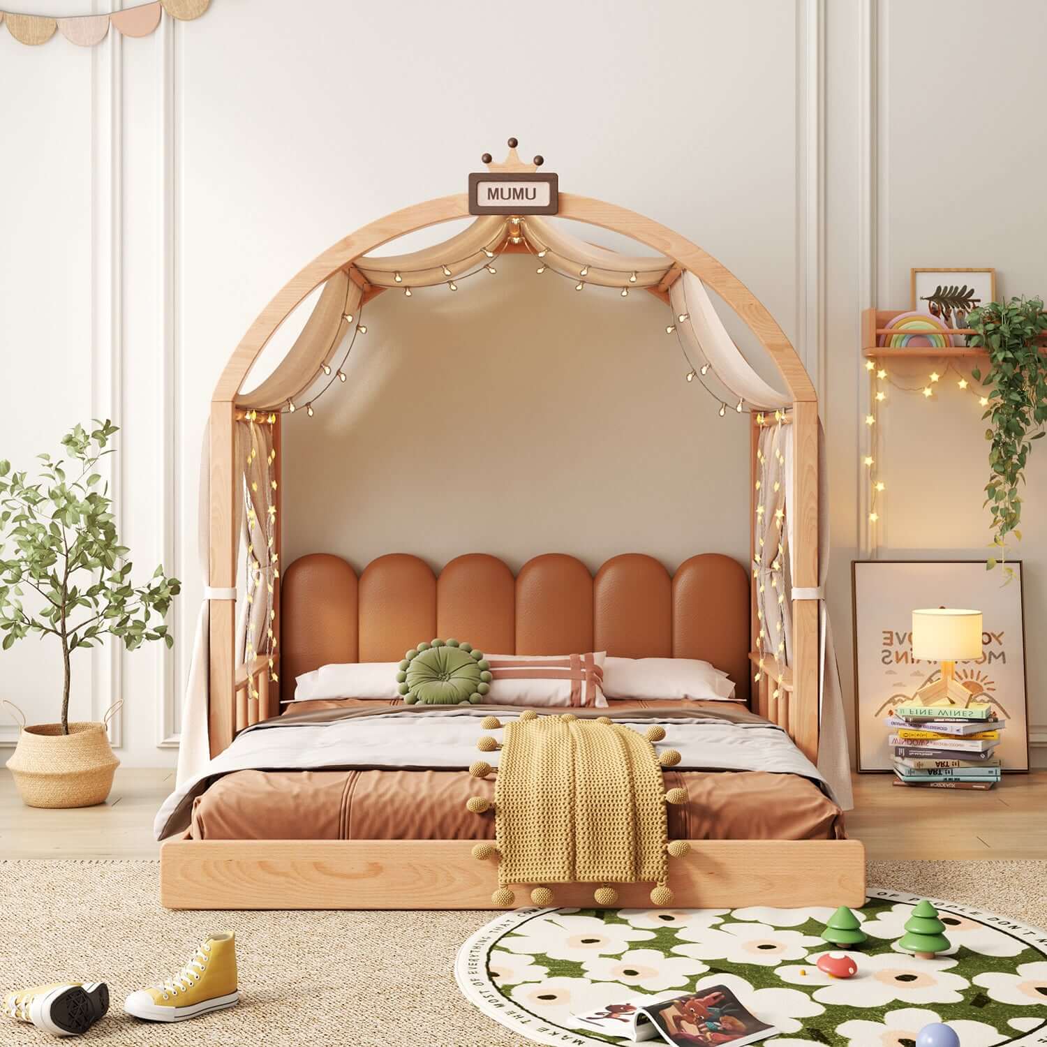 Hompkin Solid Wood Extendable Castle Bed with Canopy and Upholstered Headboard
