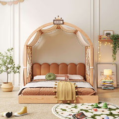 Hompkin Solid Wood Extendable Castle Bed with Canopy and Upholstered Headboard