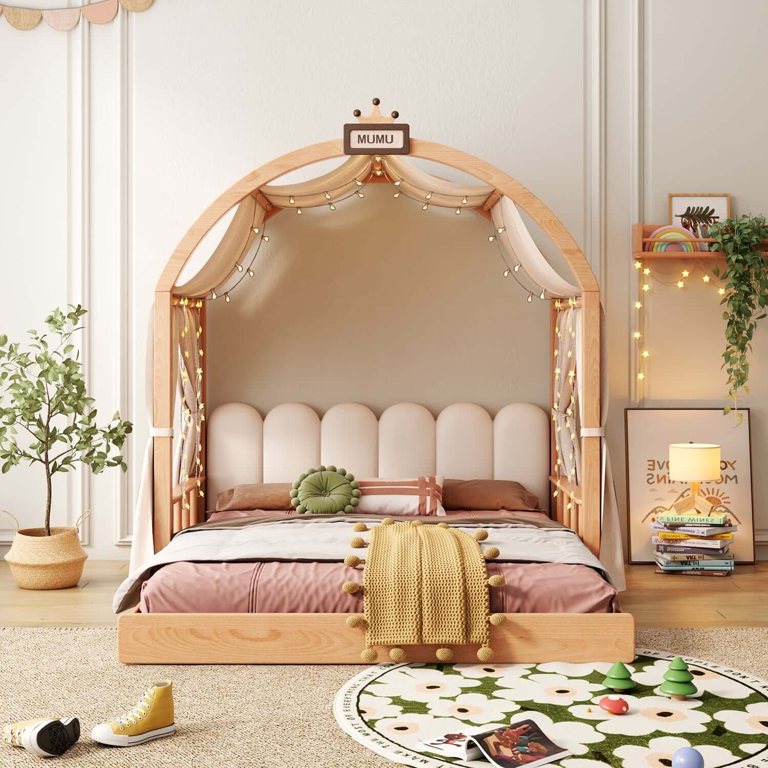 Hompkin Solid Wood Extendable Castle Bed with Canopy and Upholstered Headboard