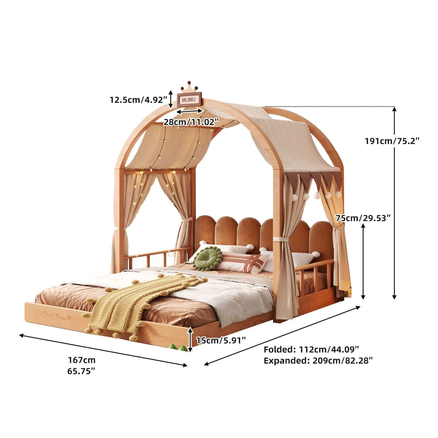 Hompkin Solid Wood Extendable Castle Bed with Canopy and Upholstered Headboard