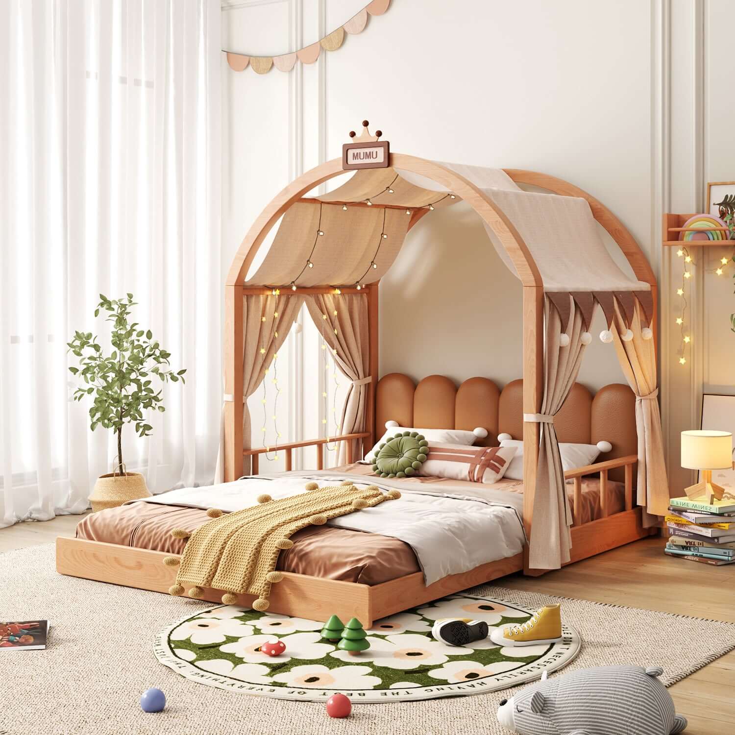 Hompkin Solid Wood Extendable Castle Bed with Canopy and Upholstered Headboard