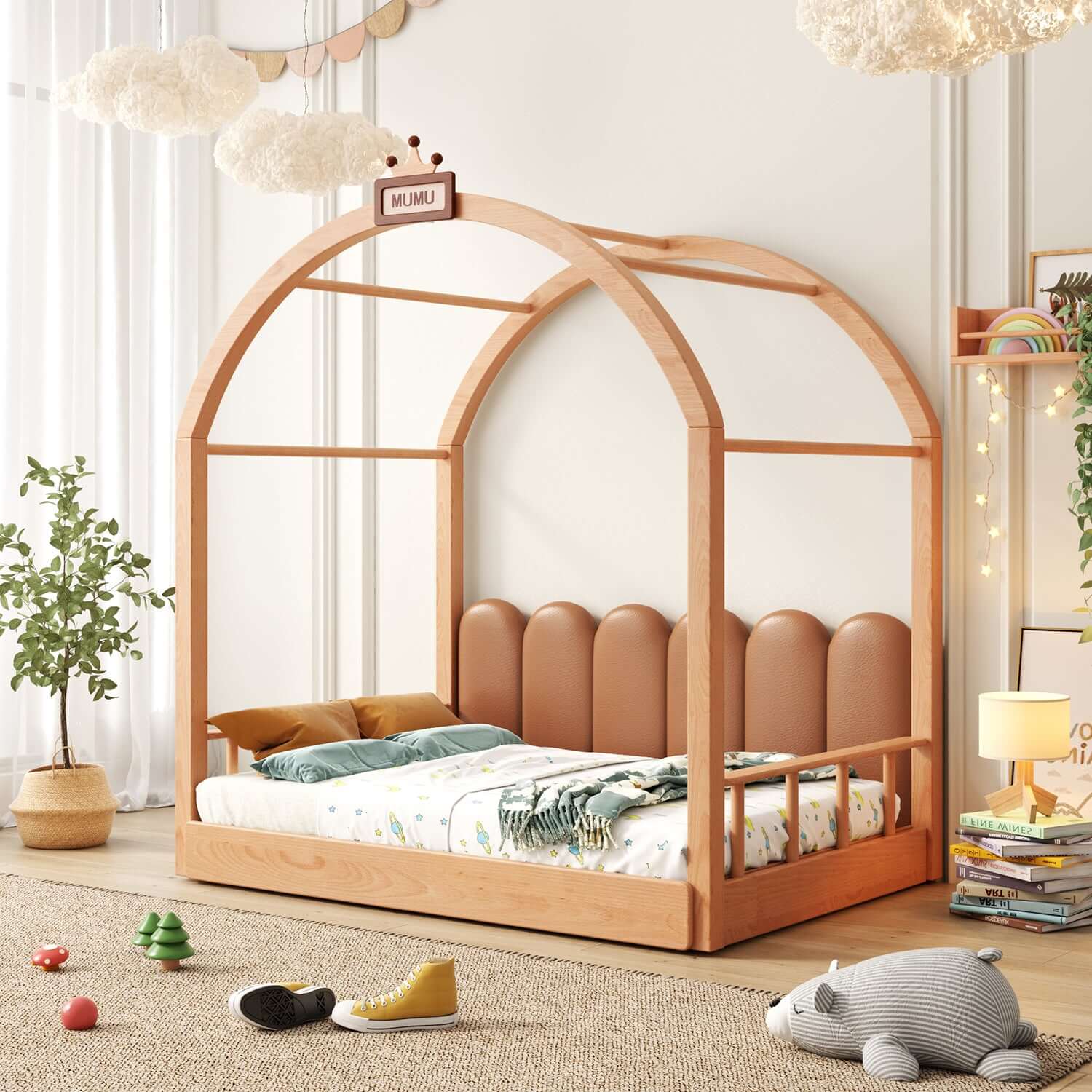Hompkin Solid Wood Extendable Castle Bed with Canopy and Upholstered Headboard