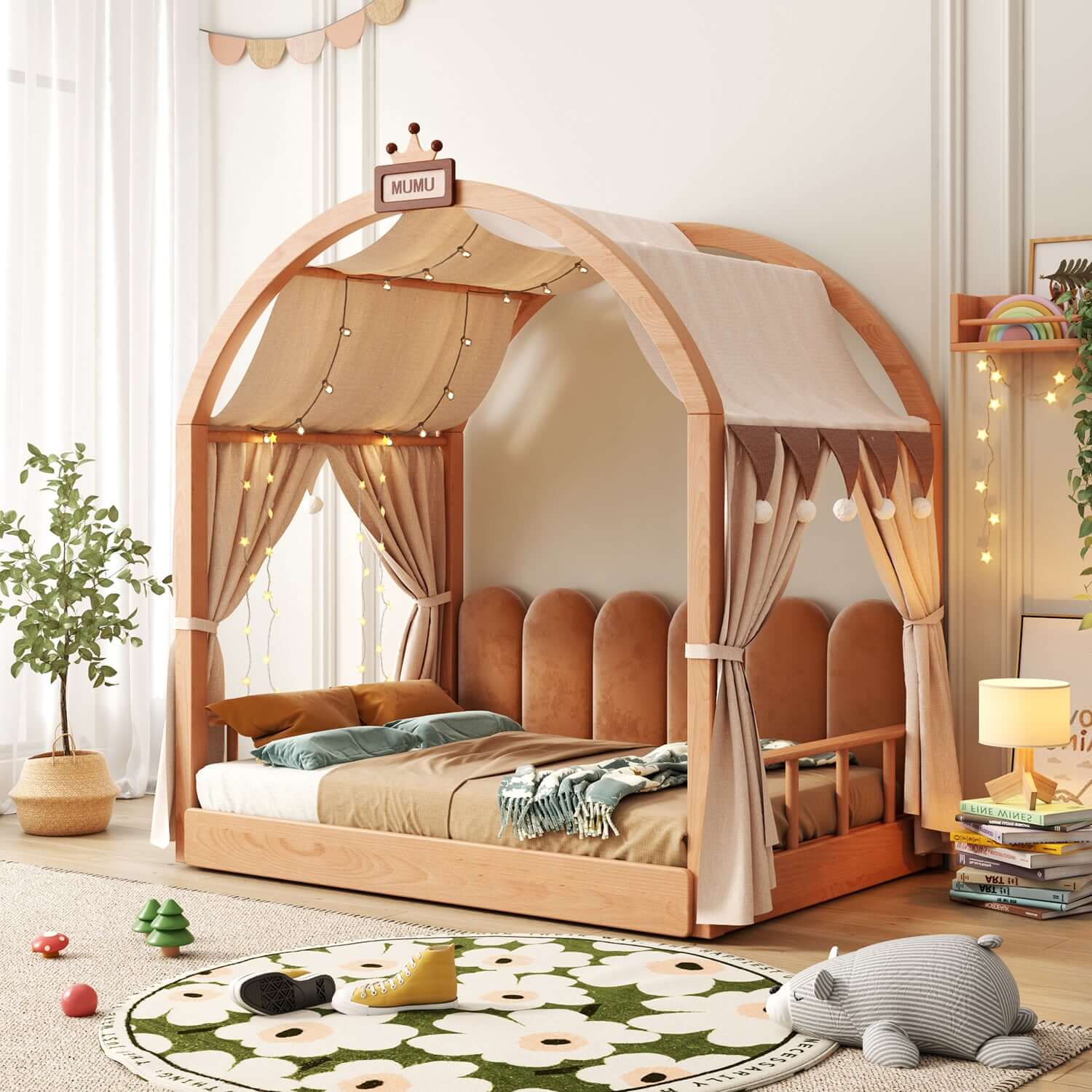 Hompkin Solid Wood Extendable Castle Bed with Canopy and Upholstered Headboard Main Product Image