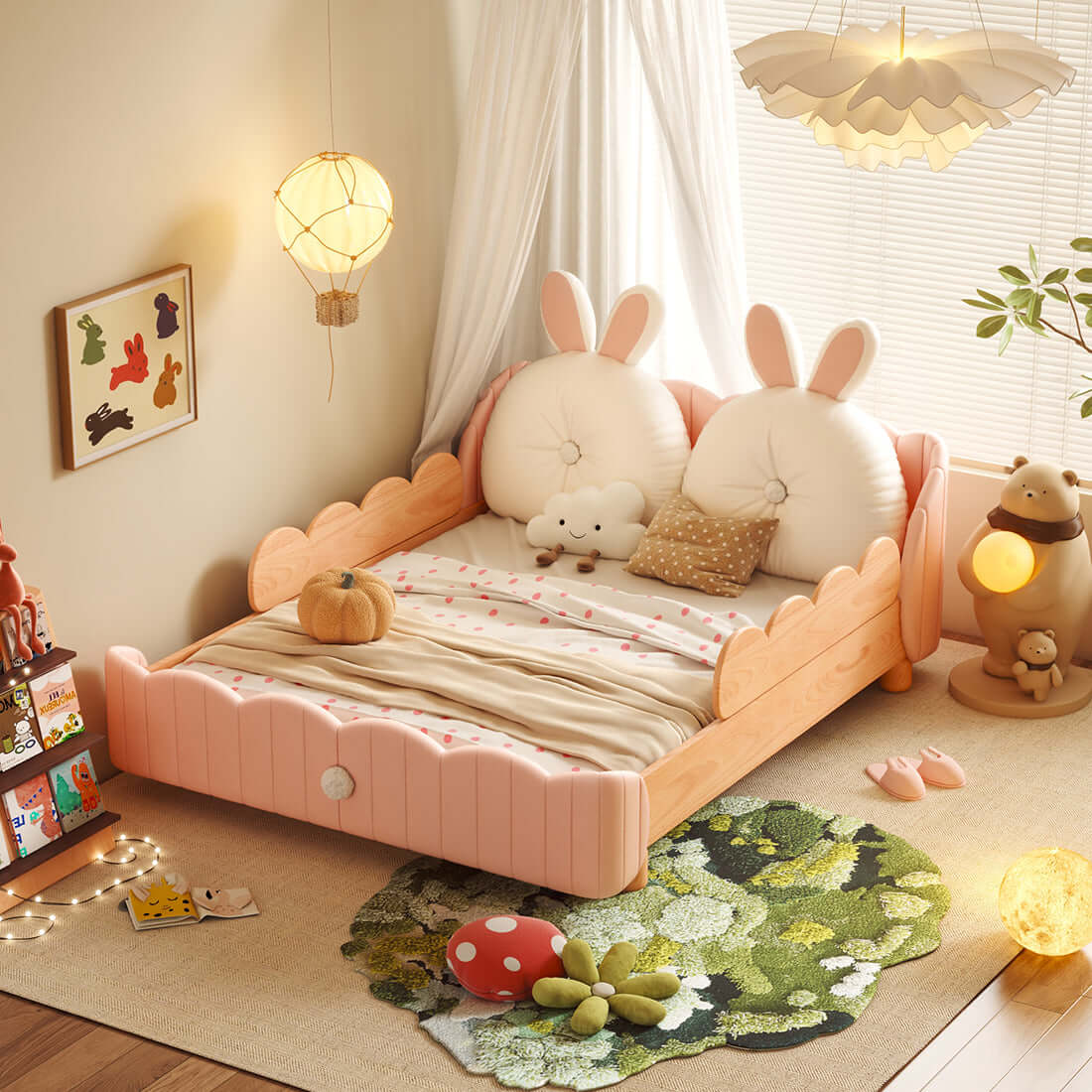 Hompkin Solid Wood Kids Bed with Rabbit Ear Headboard and Wave-Form Guardrail