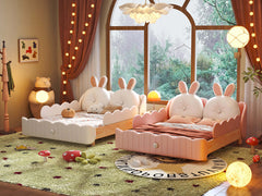 Hompkin Solid Wood Kids Bed with Rabbit Ear Headboard and Wave-Form Guardrail