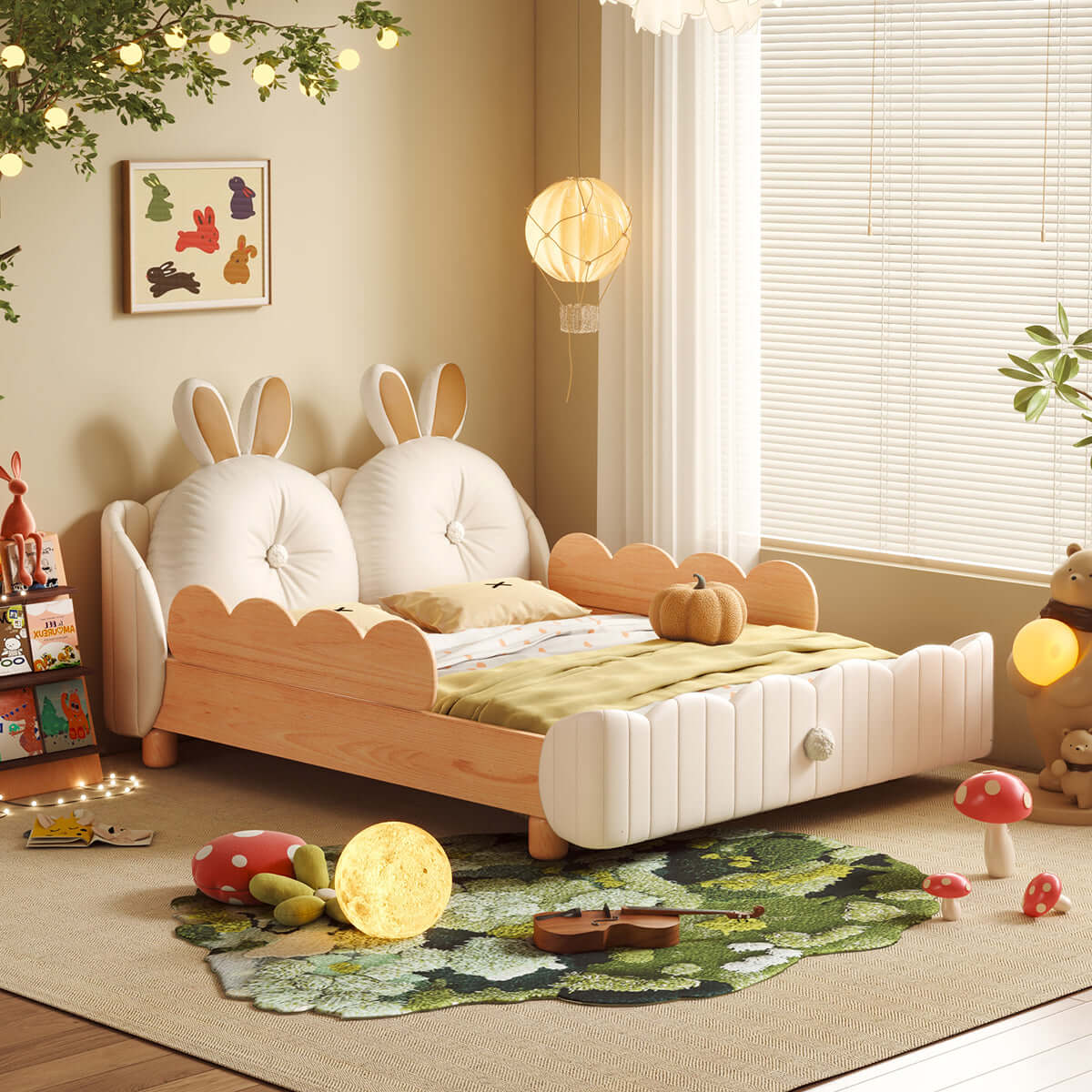 Hompkin Solid Wood Kids Bed with Rabbit Ear Headboard and Wave-Form Guardrail