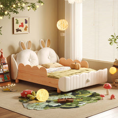 Hompkin Solid Wood Kids Bed with Rabbit Ear Headboard and Wave-Form Guardrail