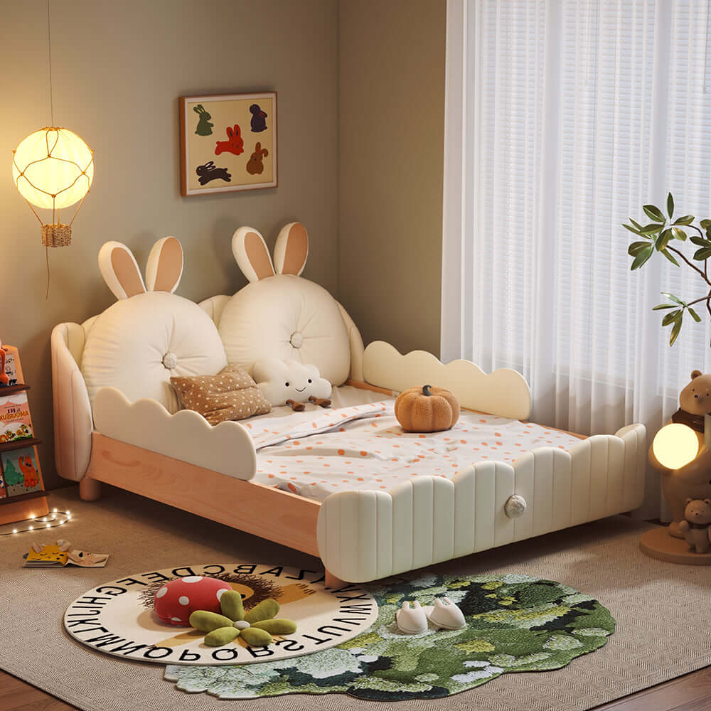 Hompkin Solid Wood Kids Bed with Rabbit Ear Headboard and Wave-Form Guardrail