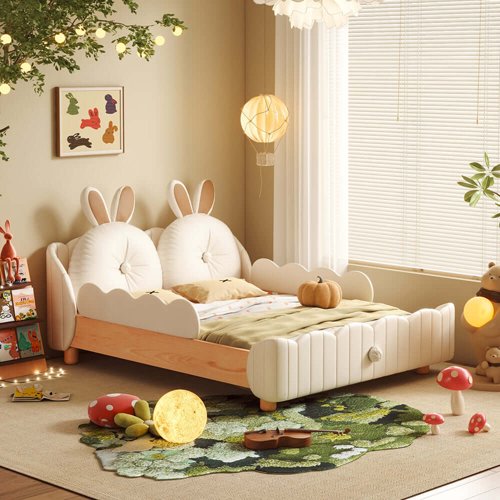 Hompkin Solid Wood Kids Bed with Rabbit Ear Headboard and Wave-Form Guardrail Main Product Image