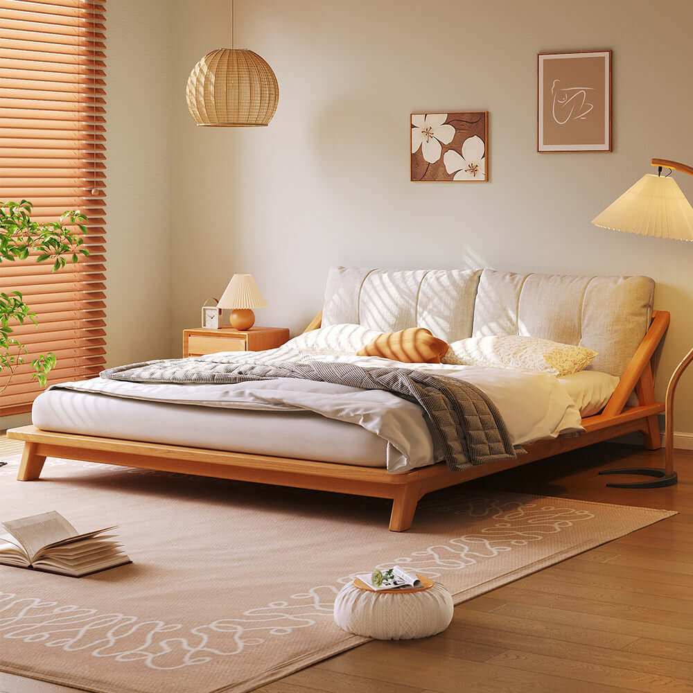 Hompkin Solid Wood Slatted Bed Frame with Tatami-Inspired Headboard