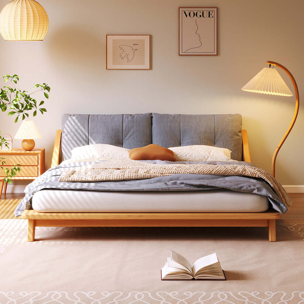 Hompkin Solid Wood Slatted Bed Frame with Tatami-Inspired Headboard