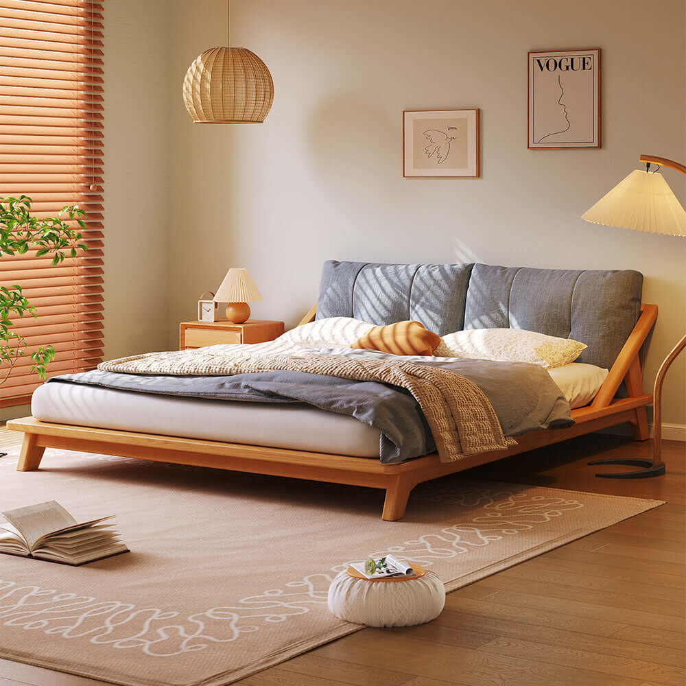 Hompkin Solid Wood Slatted Bed Frame with Tatami-Inspired Headboard