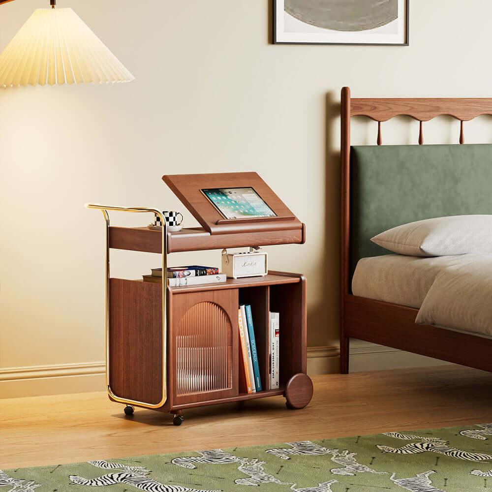 Hompkin Solid Wood Vintage Bedside Cabinet with Casters and Archival Storage