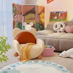Hompkin Teddy Plush Kids Sofa with Solid Wood Frame and Caramel Leather Back