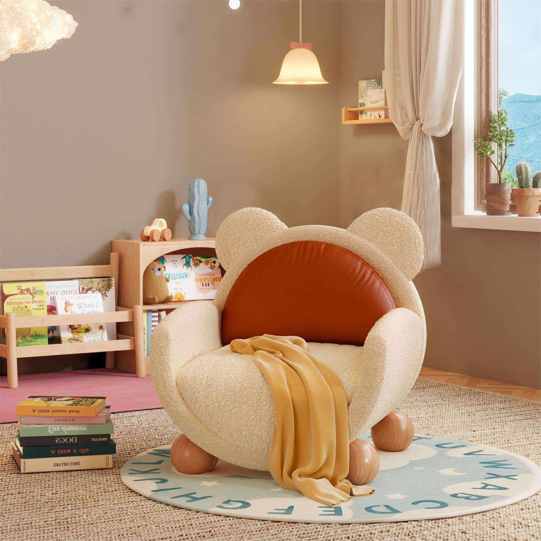 Hompkin Teddy Plush Kids Sofa with Solid Wood Frame and Caramel Leather Back Main Product Image