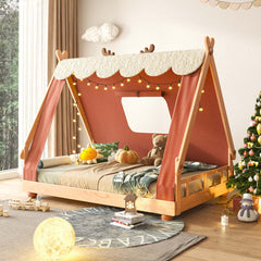 Hompkin Treehouse Children's Bed with Canopy – Solid Beech Wood, White and Red