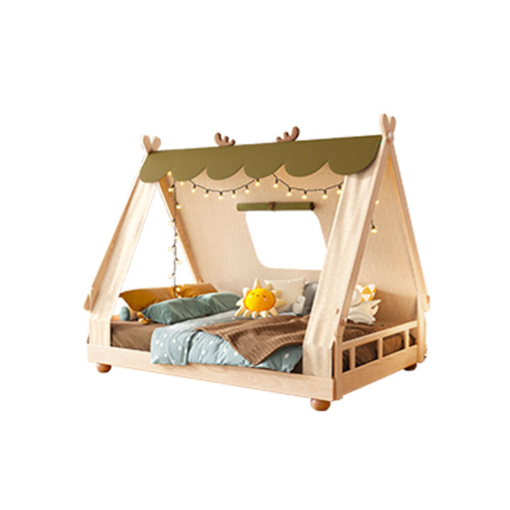 Hompkin Treehouse Children's Bed with Canopy – Solid Beech Wood, White and Red