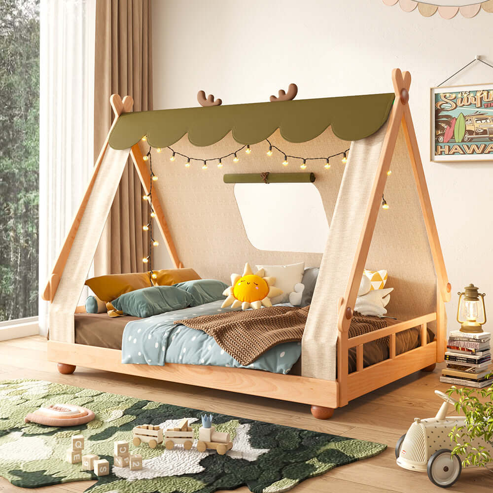Hompkin Treehouse Children's Bed with Canopy – Solid Beech Wood, White and Red Main Product Image