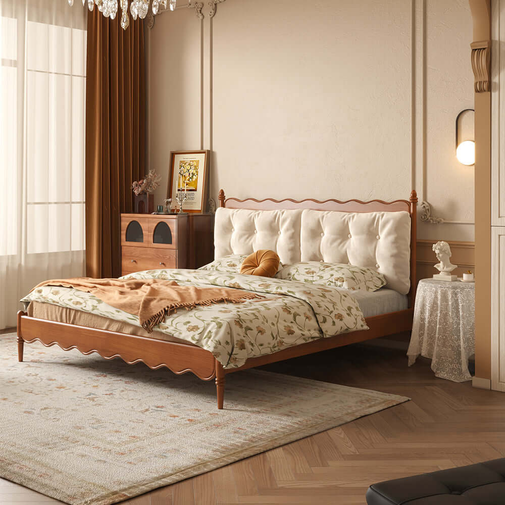 Hompkin Vintage Slatted Bed Frame in Solid Wood with Tufted Fabric Headboard