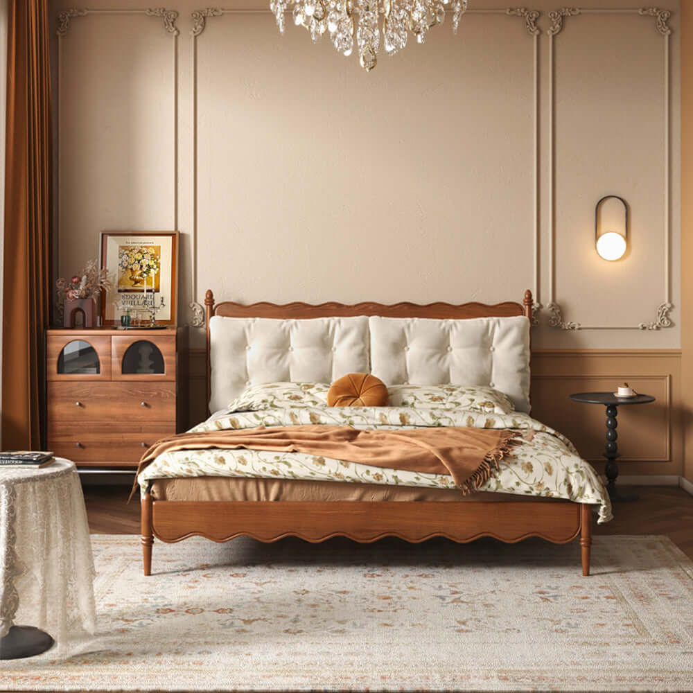 Hompkin Vintage Slatted Bed Frame in Solid Wood with Tufted Fabric Headboard