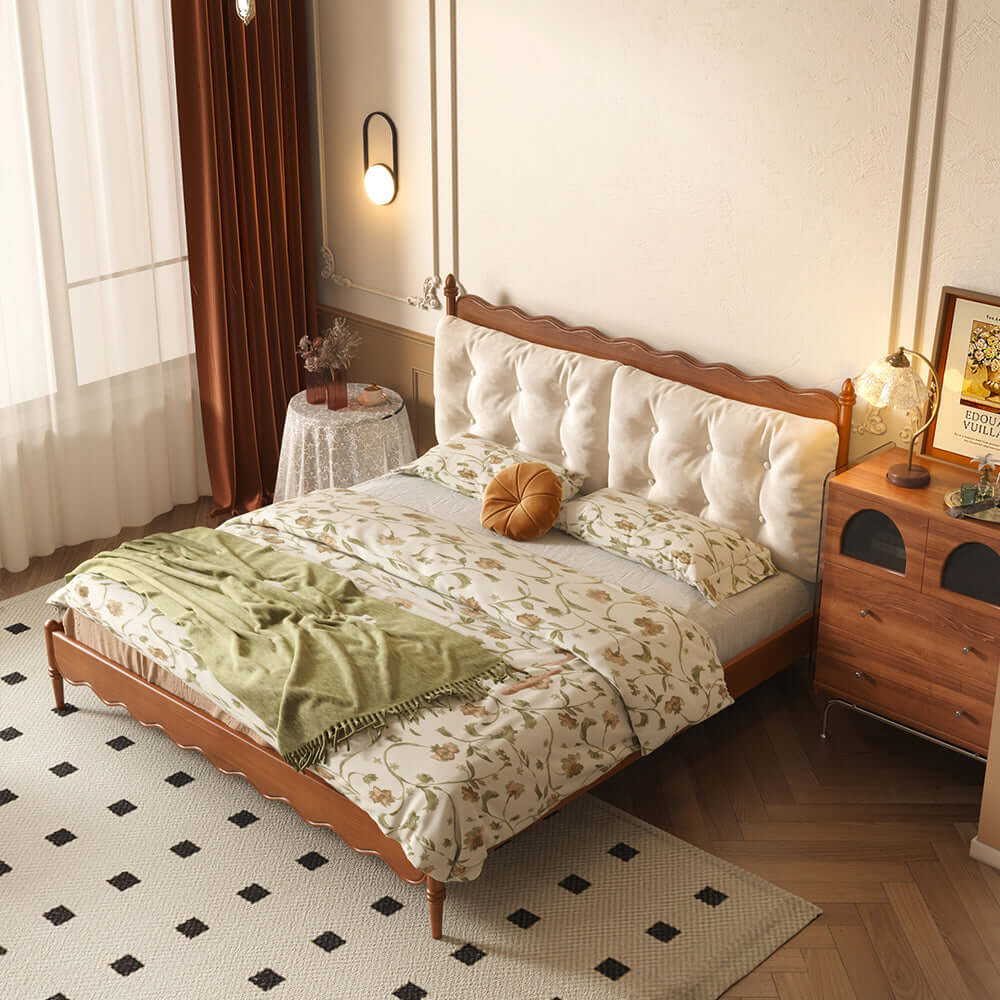 Hompkin Vintage Slatted Bed Frame in Solid Wood with Tufted Fabric Headboard Main Product Image