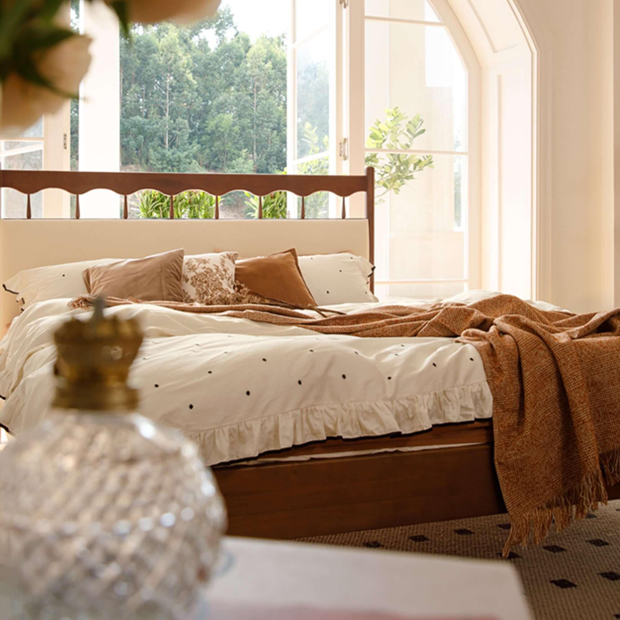 Hompkin Vintage Solid Wood Slatted Bed Frame with Fabric Headboard