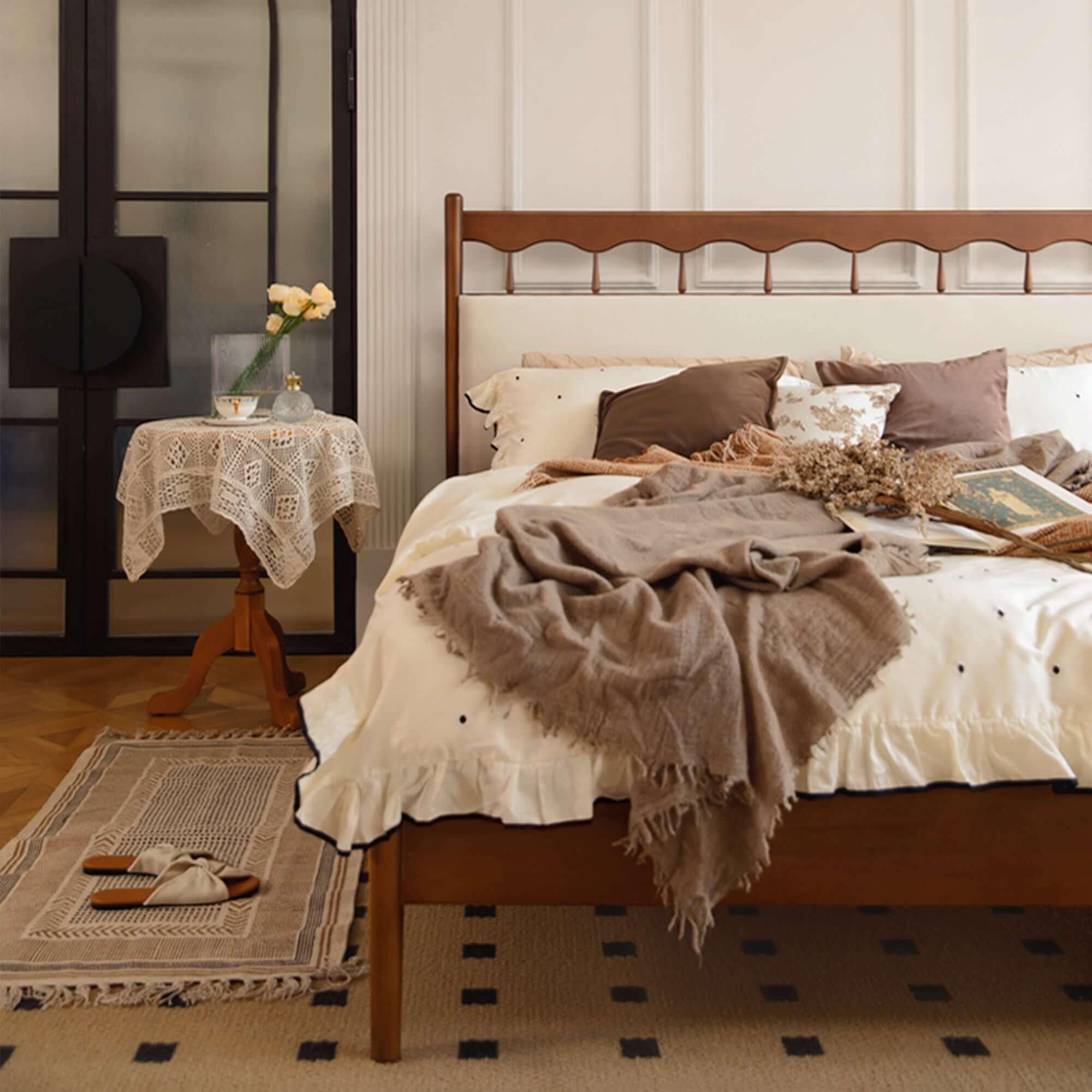 Hompkin Vintage Solid Wood Slatted Bed Frame with Fabric Headboard